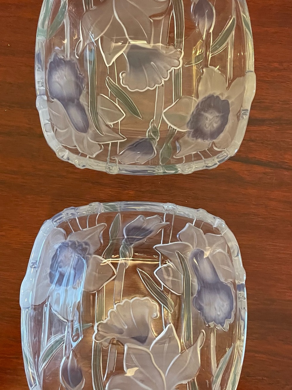 Vintage Clear Glass Serving Bowls with Lavender Floral Accents (Set of